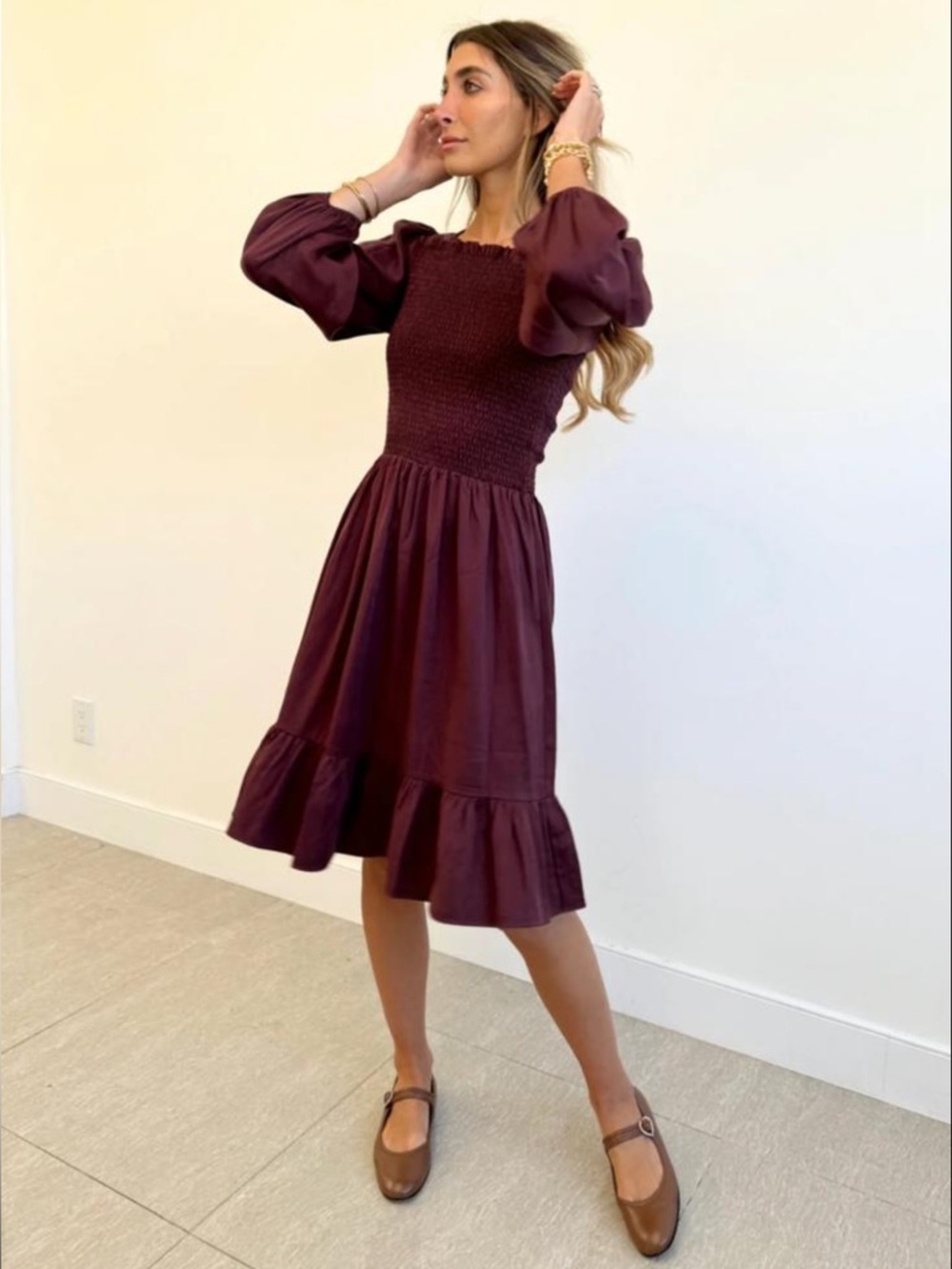 Smocked Square-Neck Midi Dress in Deep Plum